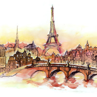 Papier Peint Panoramique Paris Aquarelle Peinture