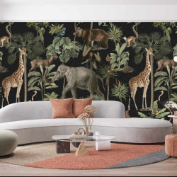 Papier Peint Panoramique Jungle Animaux Foncé