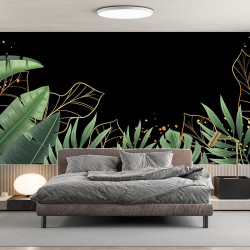 Papier Peint Panoramique Feuilles Tropical Dorées