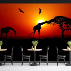 Papier Peint Panoramique Savane Couché de Soleil Girafes